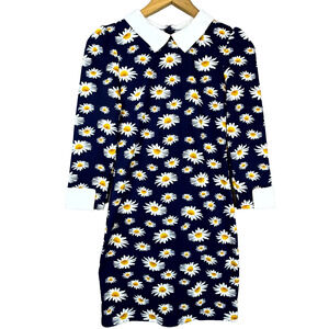 QED London Shift Dress Womens XS Navy Blue Daisy Floral Hippie Garden Boho